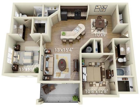 Floor plan for 2 beds, 2 baths, 1193 sqft