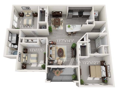 Floor plan for 3 beds, 2 baths, 1351 sqft