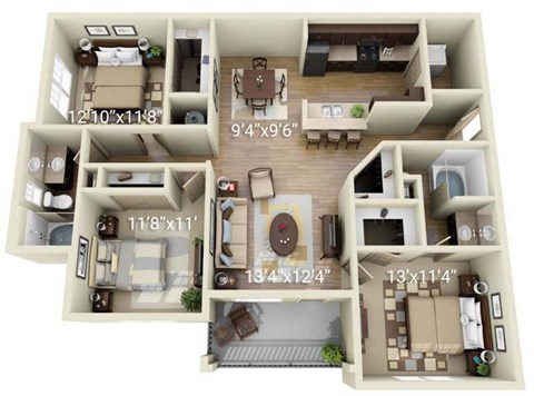 Floor plan for 3 beds, 2 baths, 1351 sqft