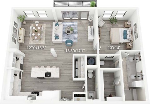 Floor plan for 1 bed, 1.5 baths, 1223 sqft