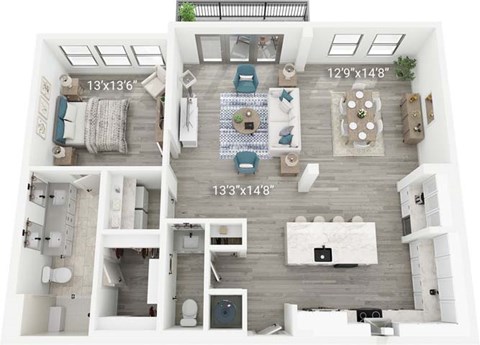 Floor plan for 1 bed, 1.5 baths, 1260 sqft