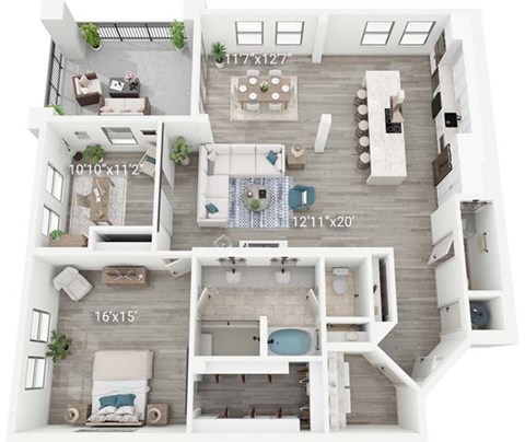Floor plan for 1 bed, 1.5 baths, 1734 sqft