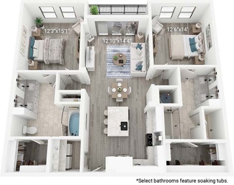 Floor plan for 2 beds, 2 baths, 1347 sqft