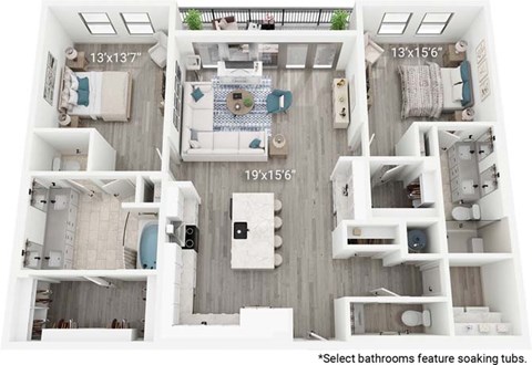 Floor plan for 2 beds, 2.5 baths, 1554 sqft