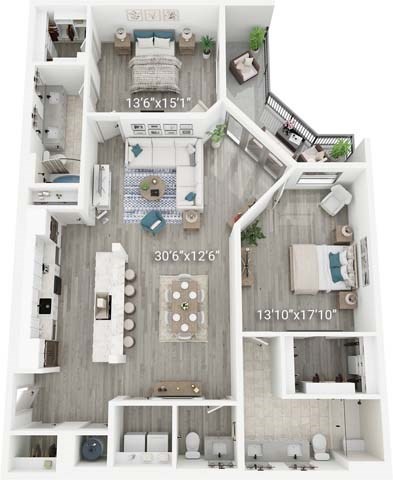 Floor plan for 2 beds, 2.5 baths, 1702 sqft