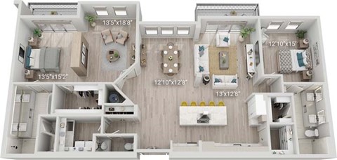 Floor plan for 2 beds, 2.5 baths, 2155 sqft