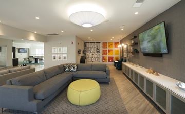 Charlotte apartment for rent - A modern living room with a grey sofa and a yellow ottoman.