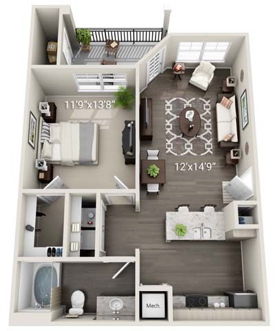 Floor plan for 1 bed, 1 bath, 713 sqft