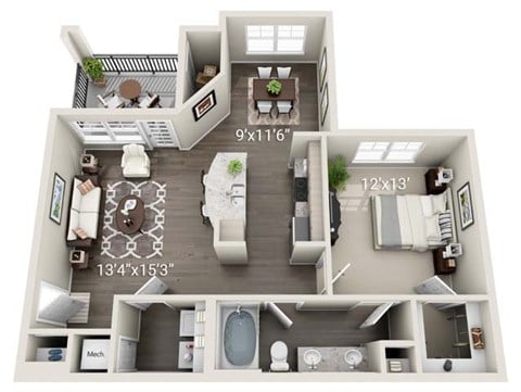 Floor plan for 1 bed, 1 bath, 844 sqft