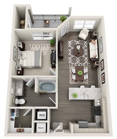 Floor plan for 1 bed, 1 bath, 717 sqft