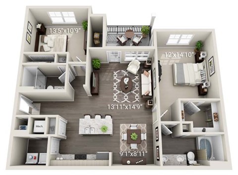 Floor plan for 2 beds, 2 baths, 1176 sqft