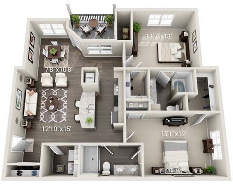 Floor plan for 2 beds, 2 baths, 1250 sqft