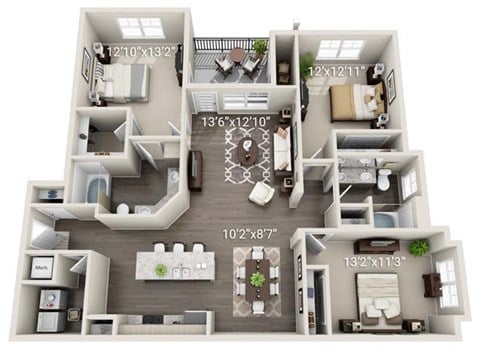Floor plan for 3 beds, 2 baths, 1508 sqft