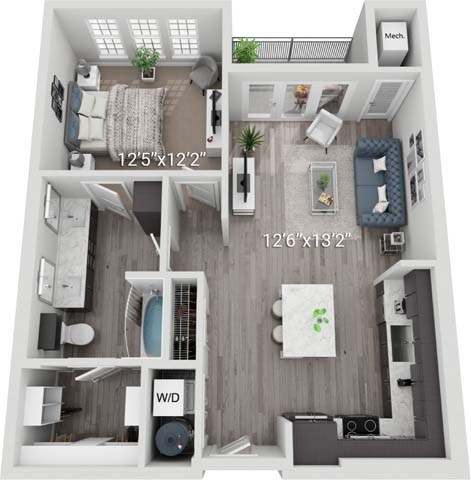 Floor plan for 1 bed, 1 bath, 809 sqft