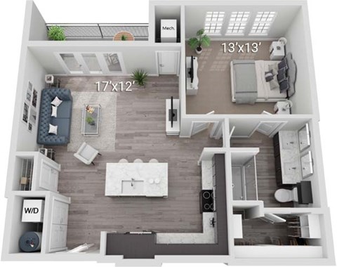 Floor plan for 1 bed, 1 bath, 831 sqft