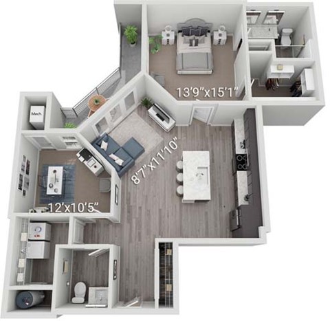 Floor plan for 1 bed, 1.5 baths, 1142 sqft