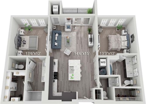 Floor plan for 2 beds, 2.5 baths, 1210 sqft