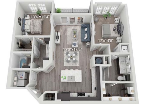 Floor plan for 2 beds, 2 baths, 1282 sqft