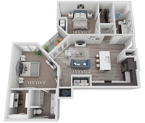 Floor plan for 2 beds, 2 baths, 1234 sqft