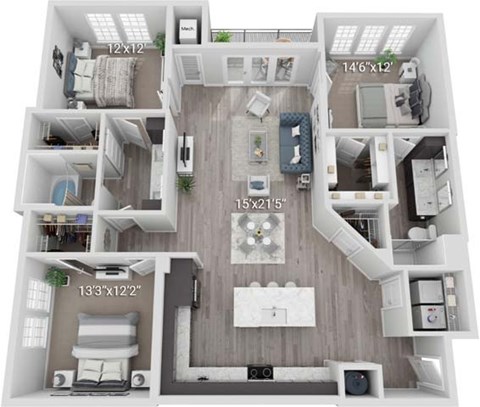 Floor plan for 3 beds, 2 baths, 1560 sqft