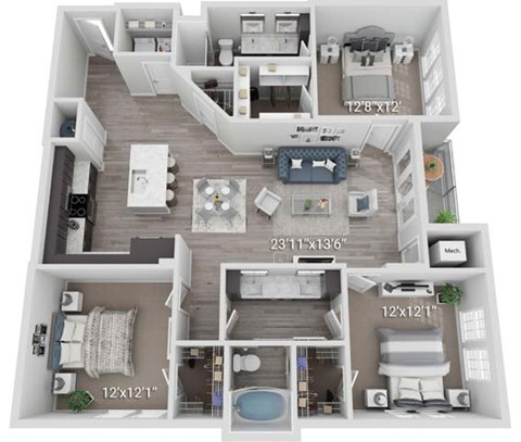 Floor plan for 3 beds, 2 baths, 1529 sqft