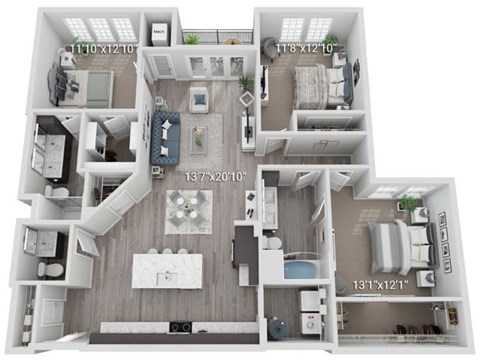 Floor plan for 3 beds, 2.5 baths, 1688 sqft