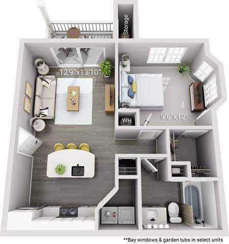 Floor plan for 1 bed, 1 bath, 703 sqft