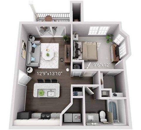 Floor plan for 1 bed, 1 bath, 703 sqft