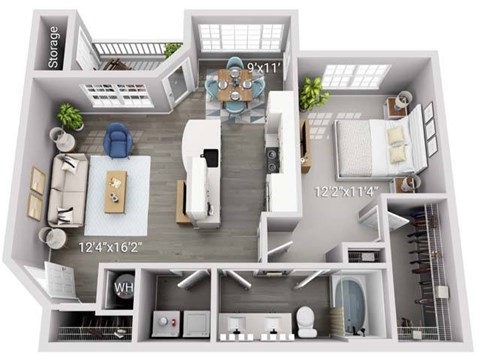 Floor plan for 1 bed, 1 bath, 831 sqft