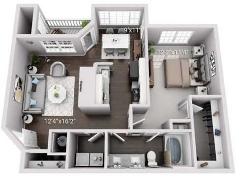 Floor plan for 1 bed, 1 bath, 831 sqft
