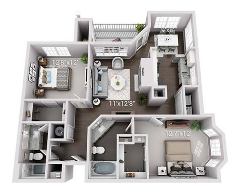 Floor plan for 2 beds, 2 baths, 1154 sqft