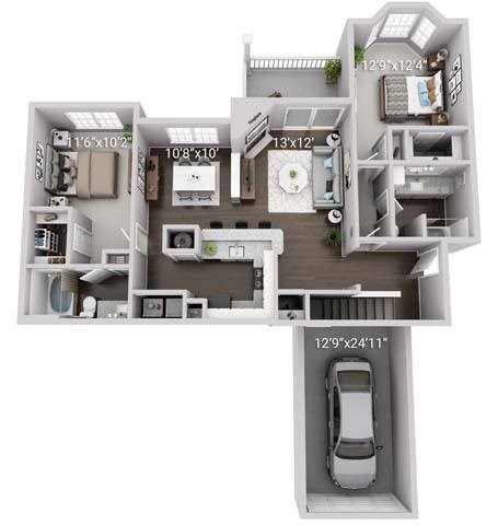 Floor plan for 2 beds, 2 baths, 1292 sqft