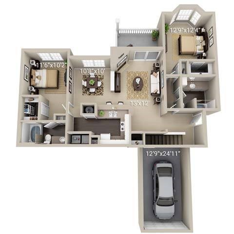 Floor plan for 2 beds, 2 baths, 1292 sqft