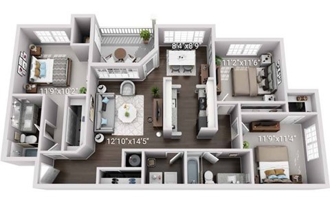 Floor plan for 3 beds, 2 baths, 1363 sqft
