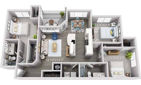 Floor plan for 3 beds, 2 baths, 1363 sqft