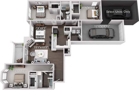 Floor plan for 3 beds, 2 baths, 1507 sqft