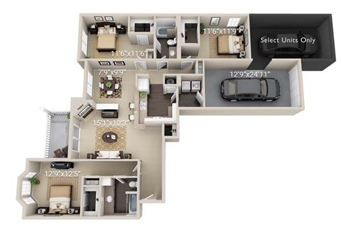 Floor plan for 3 beds, 2 baths, 1507 sqft