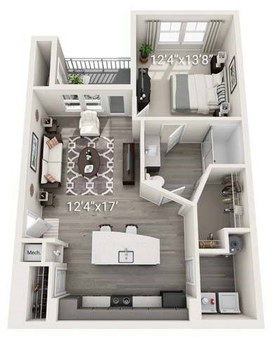 Floor plan for 1 bed, 1 bath, 772 sqft