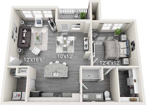 Floor plan for 1 bed, 1 bath, 838 sqft