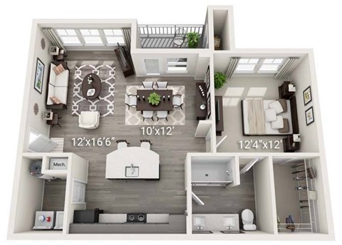 Floor plan for 1 bed, 1 bath, 838 sqft