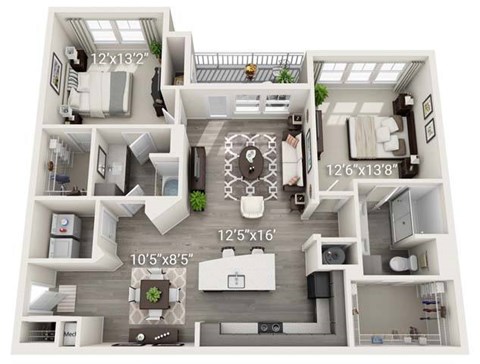Floor plan for 2 beds, 2 baths, 1225 sqft