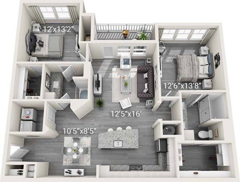 Floor plan for 2 beds, 2 baths, 1225 sqft