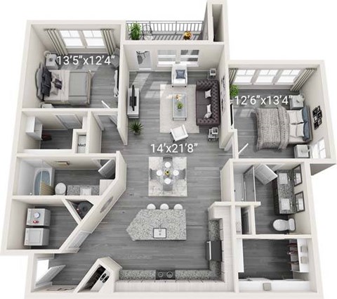 Floor plan for 2 beds, 2 baths, 1256 sqft