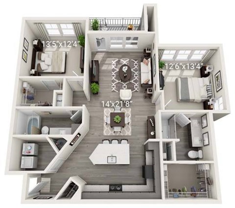Floor plan for 2 beds, 2 baths, 1256 sqft