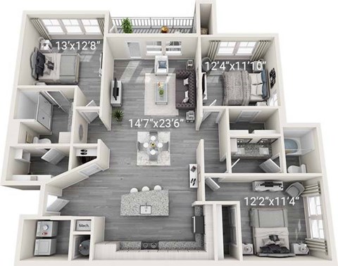 Floor plan for 3 beds, 2 baths, 1515 sqft