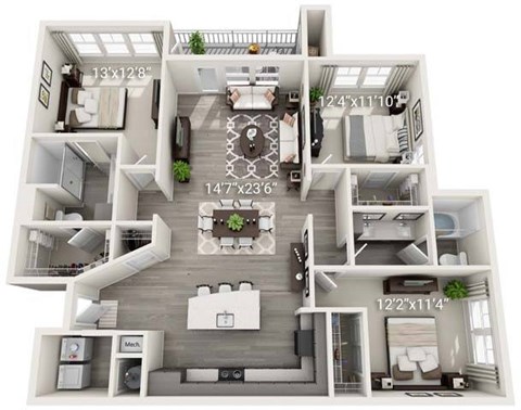 Floor plan for 3 beds, 2 baths, 1515 sqft