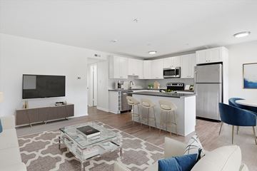 Castle Rock apartment for rent - A modern kitchen with a bar area and a living room area with a sofa and a coffee table.