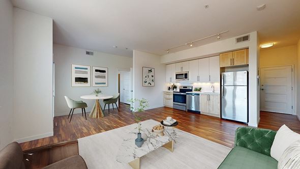 Englewood apartment for rent - A modern living room with a green couch and a coffee table.
