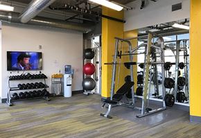Denver apartment for rent - A gym with a variety of equipment including a weight bench, a rowing machine, and a television.