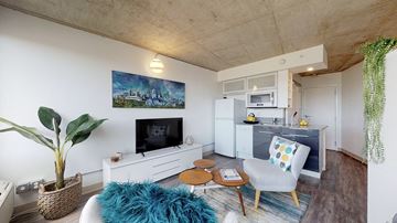 Denver apartment for rent - A living room with a blue rug and a painting on the wall.